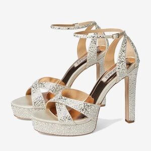 Badgley Mischka Fizzy Rhinestone Embellished Ivory Satin Platform Sandals NWT